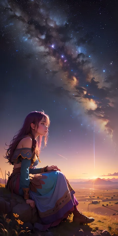 View from a distance，plethora of colors，Gorgeous and colorful，wide wide shot，concept-art，Clear picture，The vast steppes of the African savannah，Stars shine at night，HighDynamicRange，Girl sitting in the field，4K,Starry sky on night background