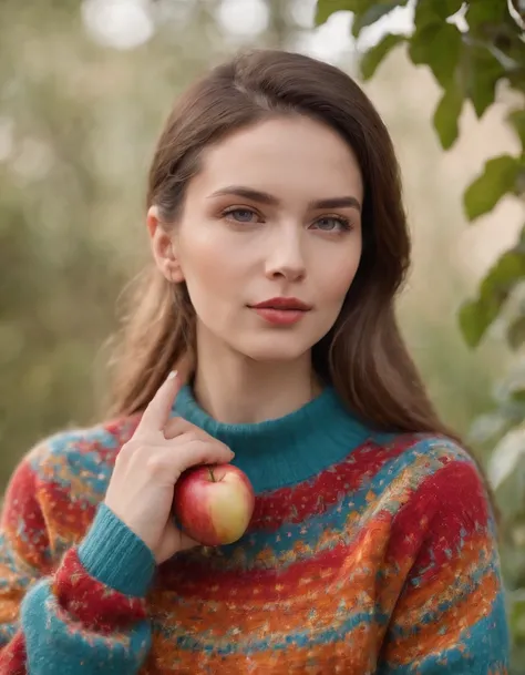 woman in a colorful retro sweater, has a bitten apple in her hand, taken from the side, close up shot, daylight, high quality photo.