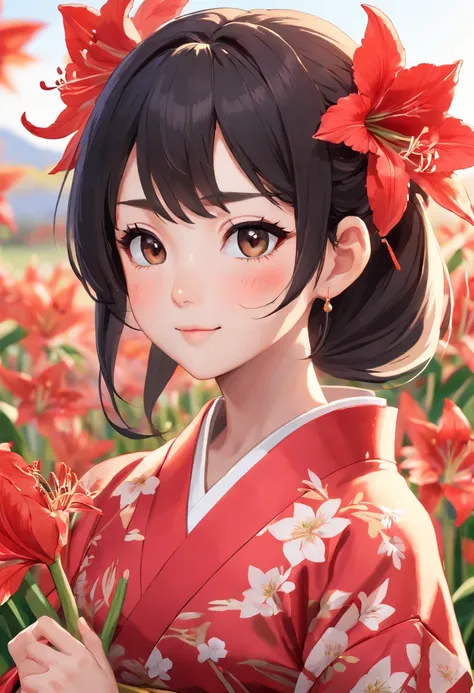 A 8k resolution ultrarealistic half-body portrait of red kimono girl, highly stylized ultrarealistic illustration,  (a cluster amaryllis field background, red background), 
BREAK, 
(1red kimono girl:1.3, solo), (kimono model), (upper body:1.3), ((squatting...