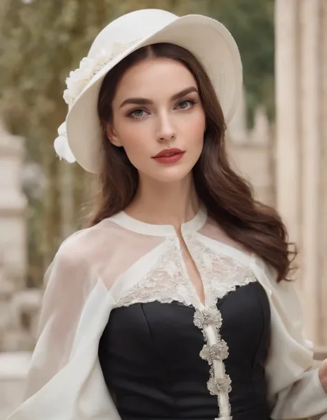 a model wears a black coat and a white hat,beautiful face, in the style of 32k uhd, rococo elegance, vintage-inspired designs, bold curves, ferrania p30, limited color range, magazine cover