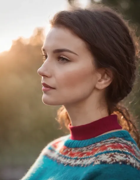 woman in a colorful retro sweater,  taken from the side, close up shot, daylight, high quality photo.