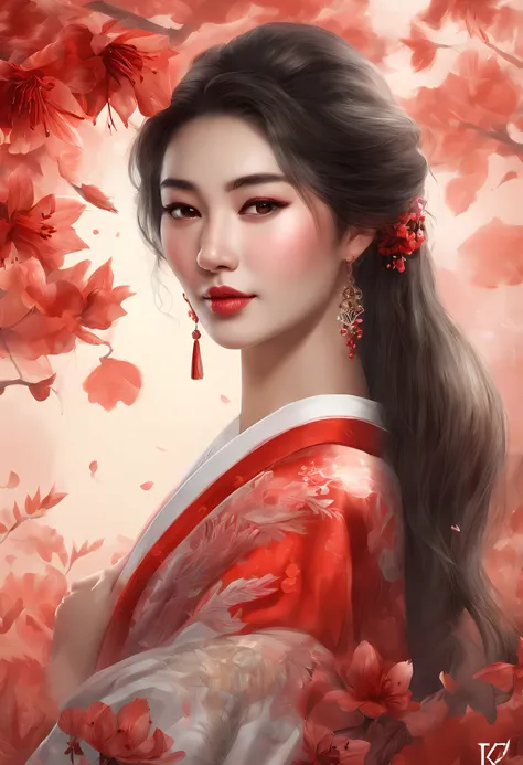 A 8k resolution ultrarealistic half-body portrait of red kimono girl, highly stylized ultrarealistic illustration,  (a cluster amaryllis field background, red background), 
BREAK, 
(1red kimono girl:1.3, solo), (kimono model), (upper body:1.3), ((squatting...