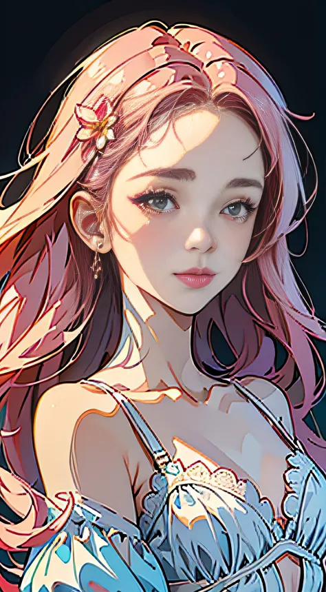 girl with、an lingerie、（PastelColors）、(portlate、above breasts、very closeup:1.1)、(​masterpiece、top-quality、offcial art、Beauty and aesthetics:1.2)、Dynamic Poses、(ultra-detailliert)、detaile、The best illustrations、hand-paintedhigh-quality、(Clean lines:1.3)、(lin...