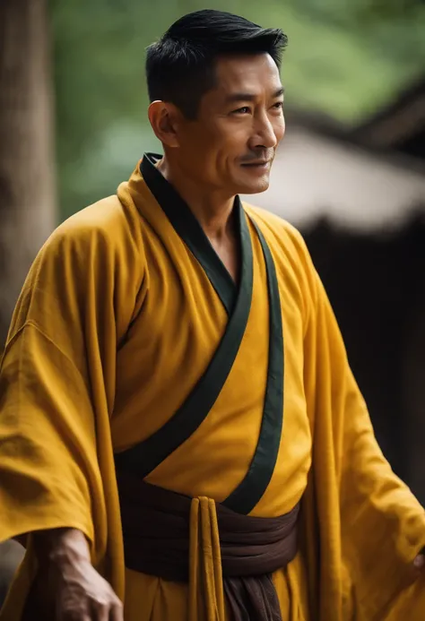 Middle-aged Asian male，frontage，Kind and gentle，Yellow Buddhist robe，Shallow smile，Andy lau，Short hair black，The upper part of the body