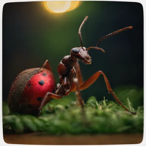 an ant in the Shiny Christmas night surrounded with colorful light and many Christmas gifts