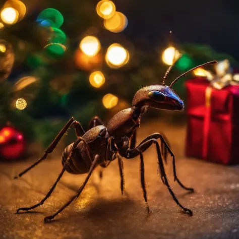 an ant in the Shiny Christmas night surrounded with colorful light and many Christmas gifts