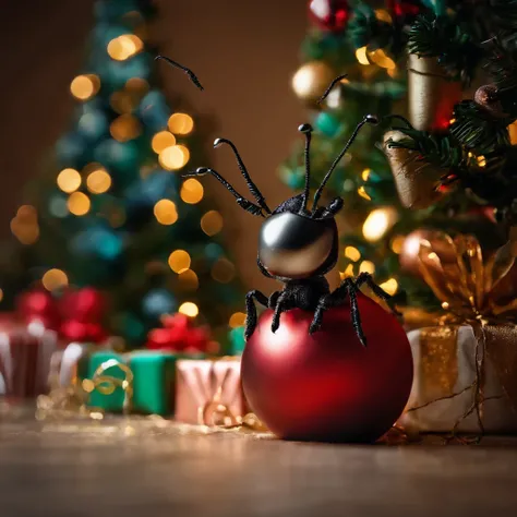 an ant in the Shiny Christmas night surrounded with colorful light and many Christmas gifts