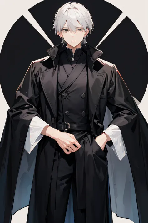 Wearing a long black coat、Young man with gray hair