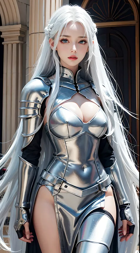 Photorealistic, high resolution, 1 woman, hips up, Beautiful eyes, Long hair, ringed eyes, jewelry, white hair, knight armor