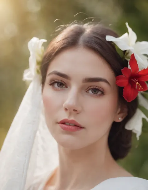 woman with a white blanket blouse, hair painted white, with a red flower in front of her covering one eye and part of her face, natural sunlight, close up framing her face, light colors, bokeh style, in the style of ultrafine detail, high quality photo.