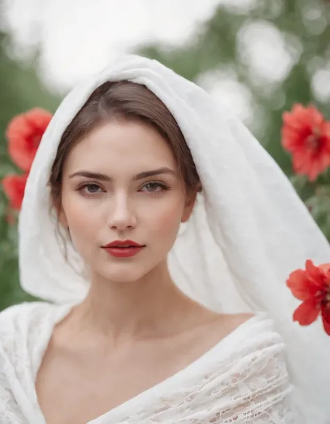 woman with a white blanket blouse, hair painted white, with a red flower in front of her covering one eye and part of her face, natural sunlight, close up framing her face, light colors, bokeh style, in the style of ultrafine detail, high quality photo.