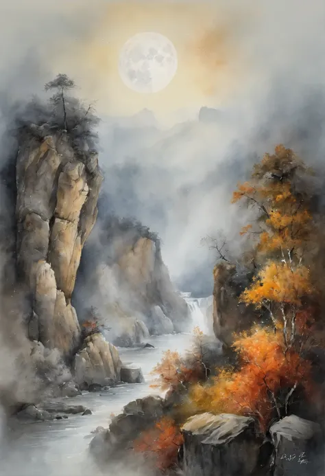 （Tang Feng），（A cliff illuminated by a huge moon），Ultra-long-range viewing angle，No Man，scenecy，the detail