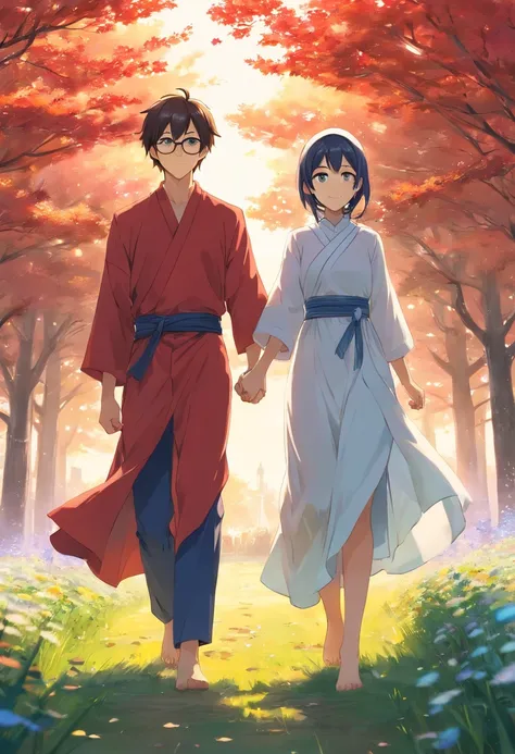 1girl and 1 boy, both 25 years old, light smile, shiny skin, the girl is wearing a beautiful red gown and hijab and the the boy is wearing white shirt and glasses in eyes, best quality, masterpiece, walking in a musterd field holding hands (photorealistic:...