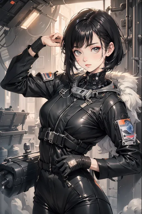 (Highest resolution, distinct_image) Best quality, A woman, Masterpiece, Highly detailed, Half realistic, with short black hair, Black hair, bangs, 18 years old, mature, Black skinny fit, Black flight suit, space backdrop, Cold, Serious, authoritative, Pow...