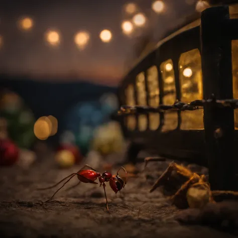 an ant in the Shiny Christmas night surrounded with colorful light and many Christmas gifts