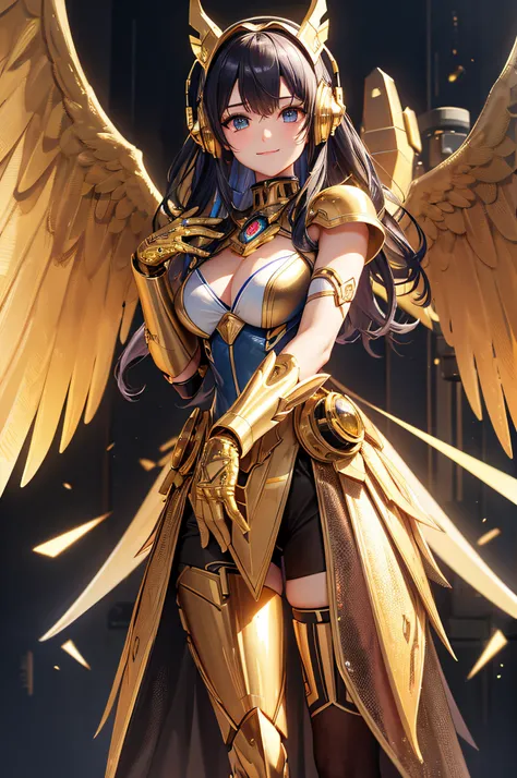 Masterpiece,(best qualtiy),highly  detailed,Ultra-detailed,1girll,(Mechanical wings:Golden,glowing light eyes:Blue,Gold armor:1.2,thin long ears:0.8),(cyber punk city:1.5,arma:Energy Blade),(Fantasy landscape:1.2,Natural lighting:1.5,self-confident express...