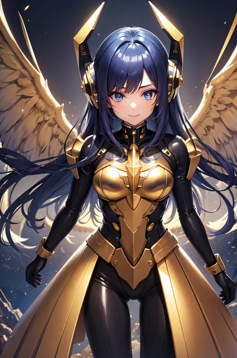 Masterpiece,(best qualtiy),highly  detailed,Ultra-detailed,1girll,(Mechanical wings:Golden,glowing light eyes:Blue,Gold armor:1.2,thin long ears:0.8),(cyber punk city:1.5,arma:Energy Blade),(Fantasy landscape:1.2,Natural lighting:1.5,self-confident express...