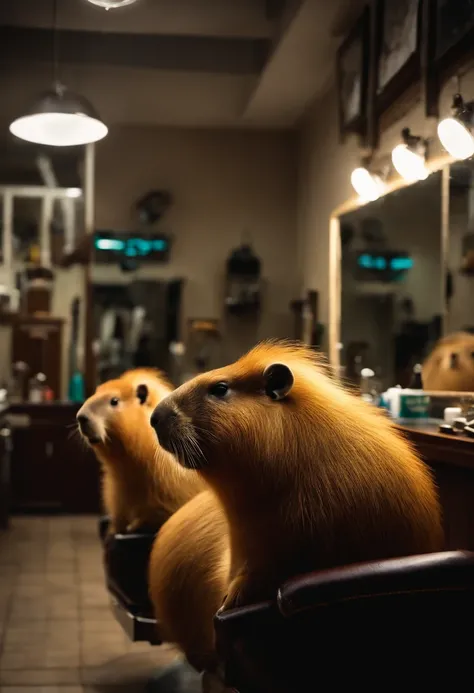 Capybaras sitting in a barbershop，Capybaras waiting for a haircut