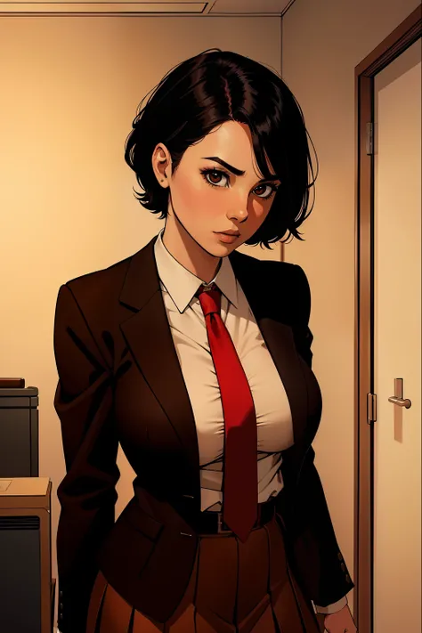 woman, short black hair, wearing a brown office jacket, red tie, brown office skirt, looking at files, no background,