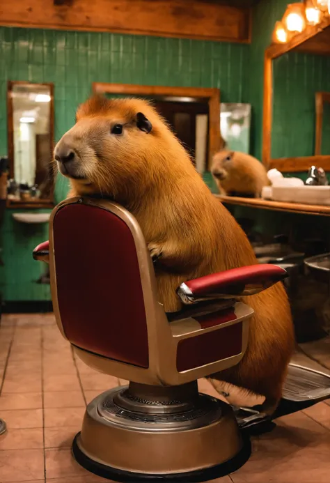 Capybaras sitting in a barbershop，Capybaras waiting for a haircut