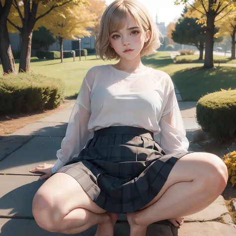 Emma Watsons Atmosphere、Very short hairstyle、Little fat girl、35 year old、Bronze hair、Curly、Transparent cotton shirt、Angry face、Autumn landscape、Hair illuminated by the sun、Little fat woman、skirt by the、white  hair、shorth hair、hightquality、a miniskirt、校服、ta...