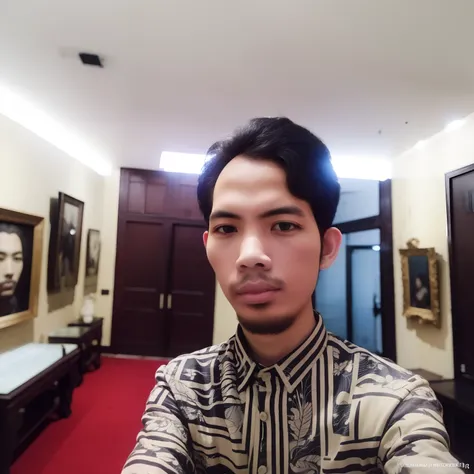 Male, 25 old years, batik shirt, relax expression, selfie, standing In museum building, masterpiece, best quality, outdoor