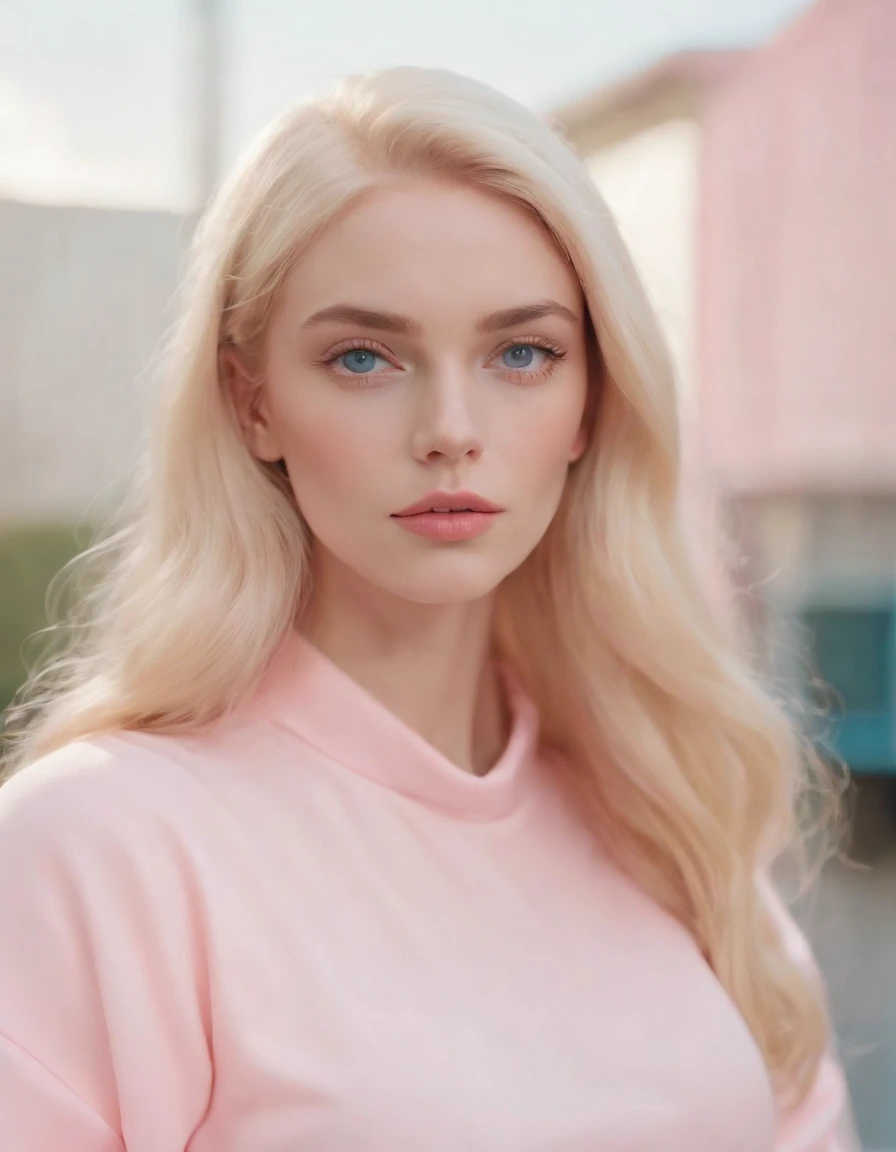 Market, neopop, pastel colors, by jimmy marble, portrait, Blonde long hair, straight hair, pink clothing, straight hair, blue eyes, Barbie (upper body)