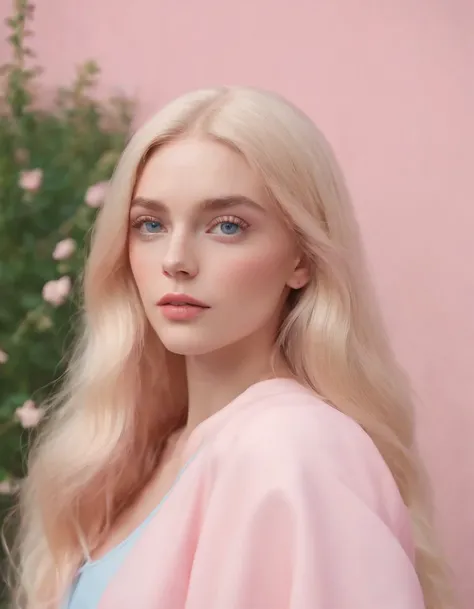 Market, neopop, pastel colors, by jimmy marble, portrait, Blonde long hair, straight hair, pink clothing, straight hair, blue eyes, Barbie (upper body)