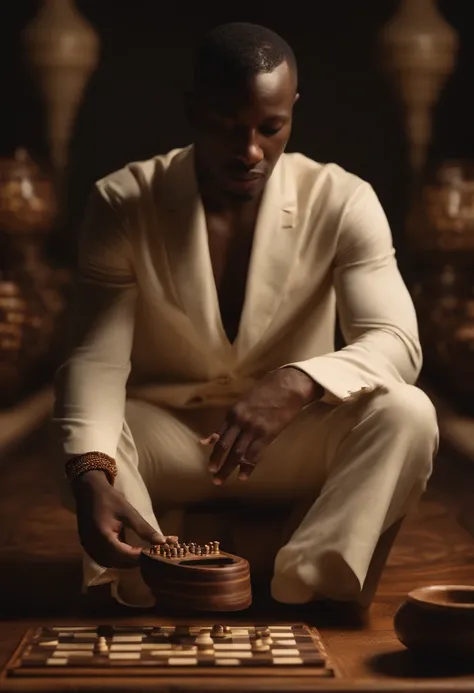 pixel style, The application of knowledge, a deep understanding of strategy and consequences. A black man dressed in a yoruba traditional style sits by a Mancala board, their eyes locked on the pieces. The room is dimly lit, and the atmosphere is thick wit...