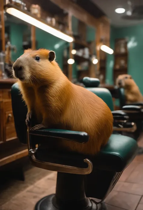 Capybaras sitting in a barbershop，Capybaras waiting for a haircut，Barber salon，High-end barbershop，The right capybara limb