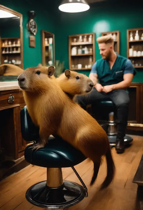 Capybaras sitting in a barbershop，Capybaras waiting for a haircut，Barber salon，High-end barbershop，The right capybara limb