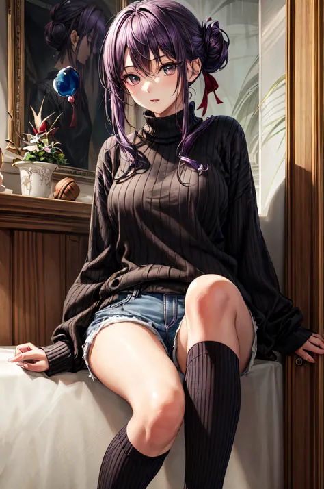 best quality,masterpiece,original,extremely detailed wallpaper,looking at viewer,1girl,solo,half_updo,purple hair,chestnut_mouth,black eyes,black ribbed_sweater,shorts,kneehighs,holding_lollipop,