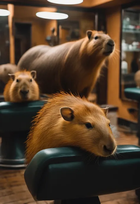 Capybaras sitting in a barbershop，Capybaras with a haircut，Barber salon，High-end barbershop，Perfect capybara limbs，Capybara haircut