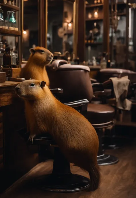 Capybaras sitting in a barbershop，Capybaras with a haircut，Barber salon，High-end barbershop，Perfect capybara limbs，Capybara haircut