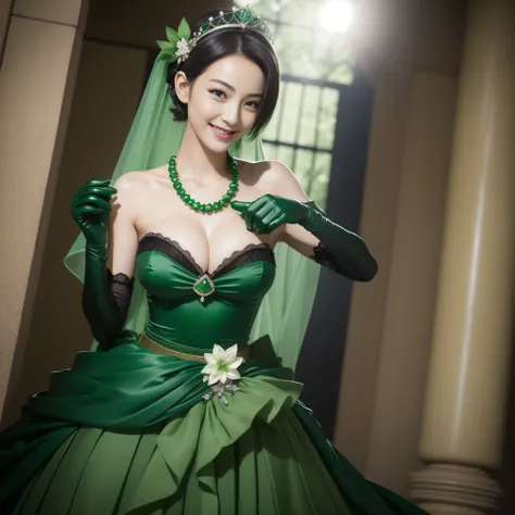 Boyish very short green hair, lipsticks, Japan woman smiling, Green Long Grove,　Emerald Tia boyish very short black hair, lipsticks, Japan woman smiling, Satin green long gloves,　emerald tiara, Pearl Necklace, verd s eyes, Green eyes, Long green gloves mad...