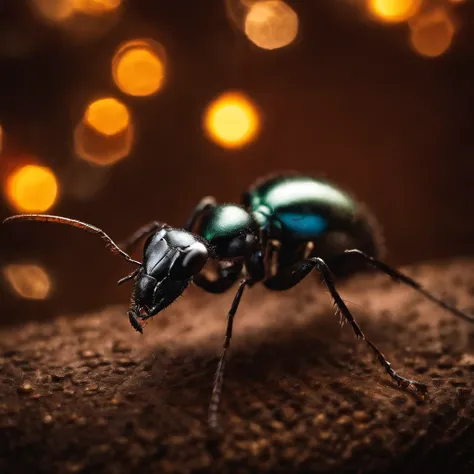 an ant in the Shiny Christmas night surrounded with many Christmas gift and much colorful light, Plenty of light