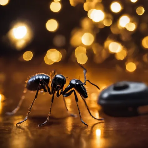 an ant in the Shiny Christmas night surrounded with many Christmas gift and much colorful light, Plenty of light