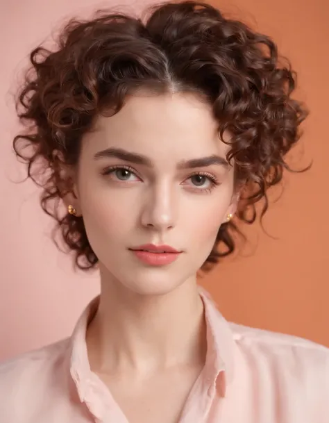 young woman with 80s androgynous style, curly hair, dark orange earrings and blouse, model pose, light pink background, medium shot, high quality photo (upper body)