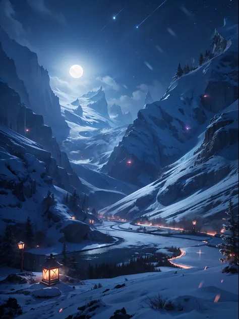 Snow mountain, glacier, night view, full moon، wolfs, beautiful weather snowflakes, waterfall 8K UHD, NVIDIA RTX RENDERING, RAY TRACING, DLSS 3 EFFECTS CINEMATIC EFFECTS,