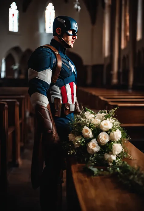 Captain America with flower in the church, wedding