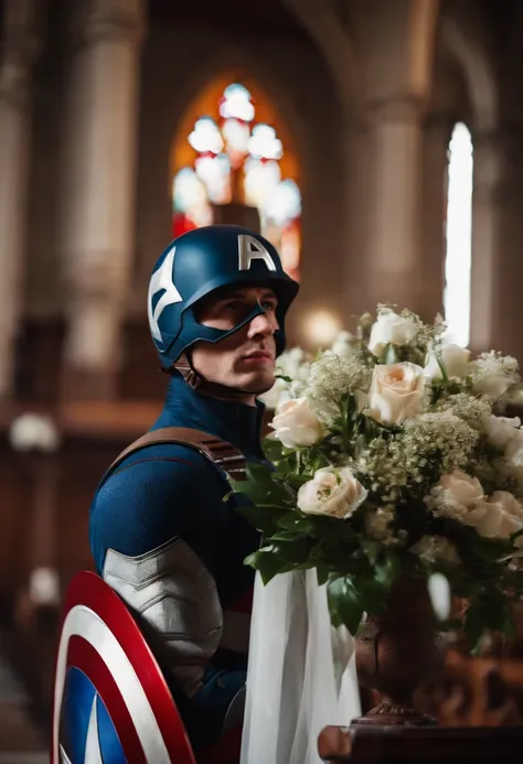 Captain America with flower in the church, wedding, joy, handsome