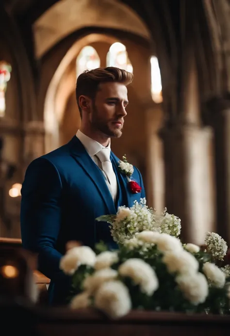 Captain America with flower in the church, wedding, joy, handsome