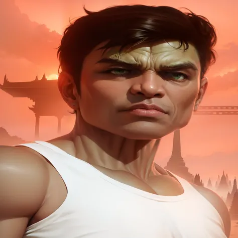 Green Hulk walking in the ancient Bagan city, hyper realistic, sunset, detailed, temples in Bagan, cinematic,