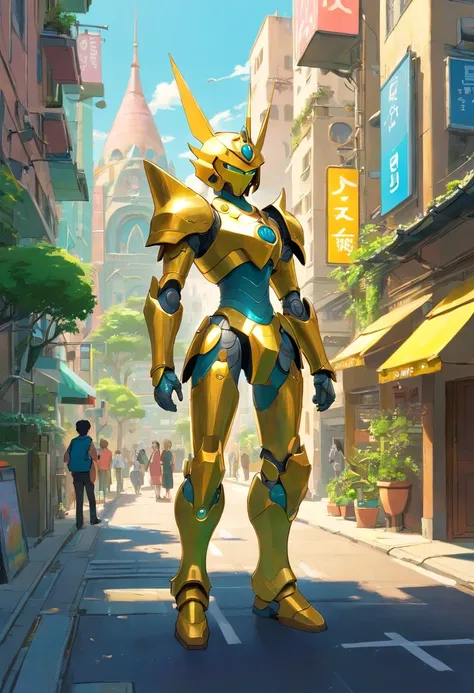 "Generate an image of a solarpunk-inspired eco-street guardian knight in a city street. The guardian wears a sleek, lightweight solar-powered armor with a golden sheen. Their face is uncovered, revealing their determined expression as they walk among pedes...