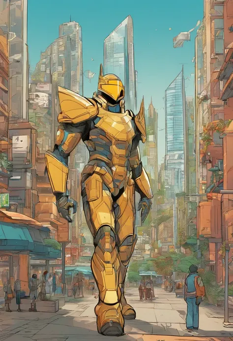 "Generate an image of a solarpunk-inspired eco-street guardian knight in a city street. The guardian wears a sleek, lightweight solar-powered armor with a golden sheen. Their face is uncovered, revealing their determined expression as they walk among pedes...