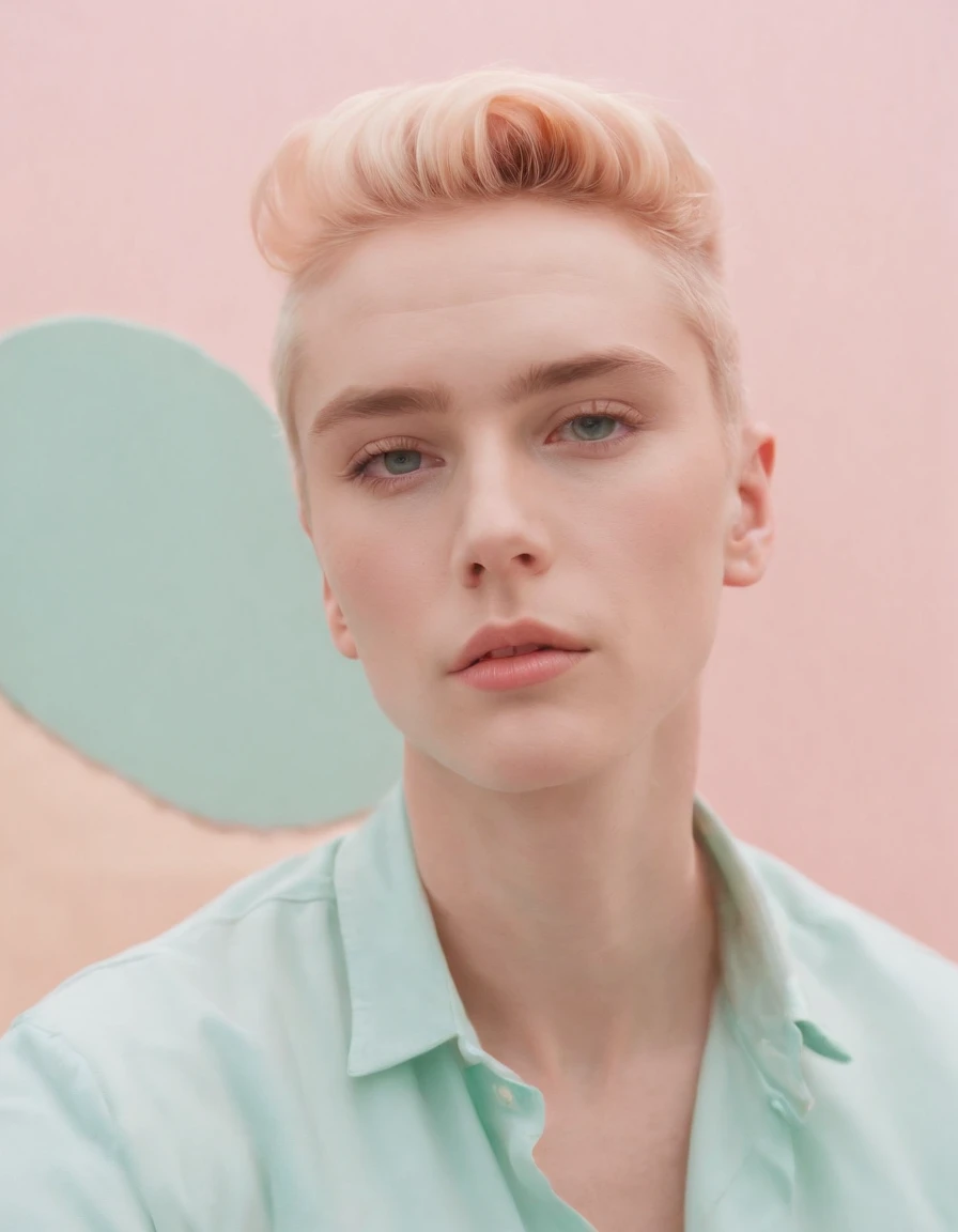 Man, neopop, pastel colors, by jimmy marble, portrait  model pose, (medium shot)