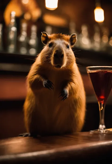 Capybara sitting in the bar，Premium bar，Capybaras drinking cocktails，Perfect capybara limbs