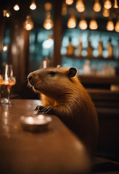 Capybara sitting in the bar，Premium bar，Capybaras drinking cocktails，Perfect capybara limbs