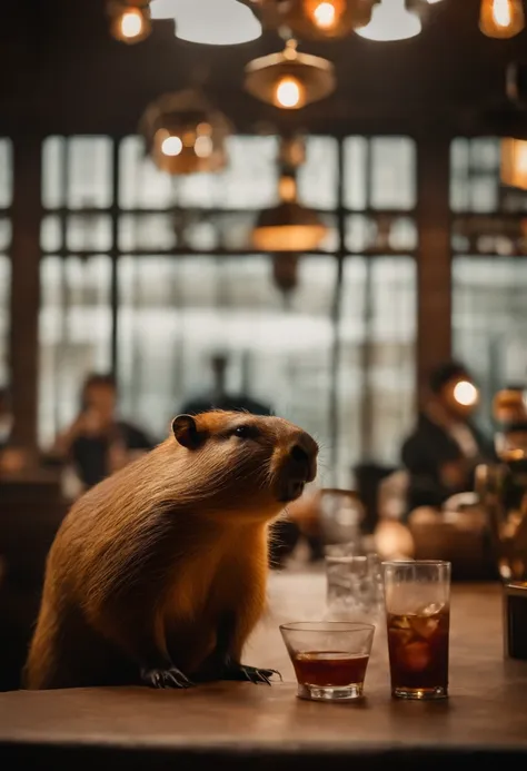 Capybara sitting in the bar，Premium bar，Capybaras drinking cocktails，Perfect capybara limbs