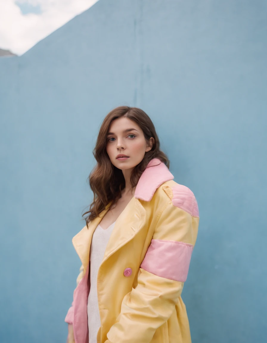 a young female wearing yellow and pink coats in front of blue wall, in the style of heatwave, transparent/translucent medium, contemporary vintage photography, lowbrow, poolcore, associated press photo, feminine body